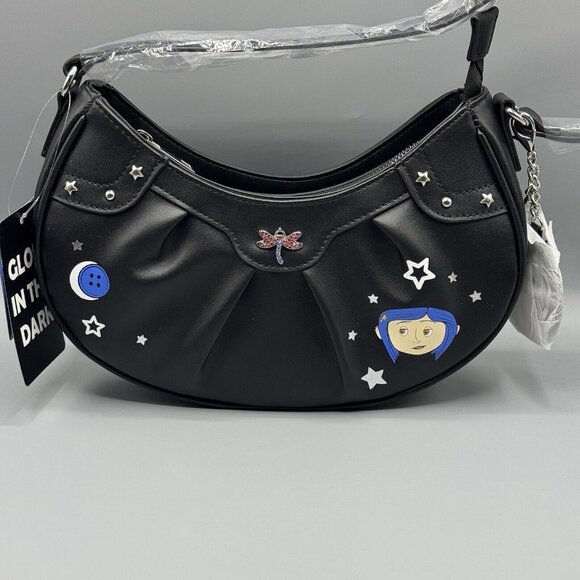 Coraline Black Shoulder Baguette Bag Purse Key Chain Glow-In-The-Dark NEW - Picture 6 of 7